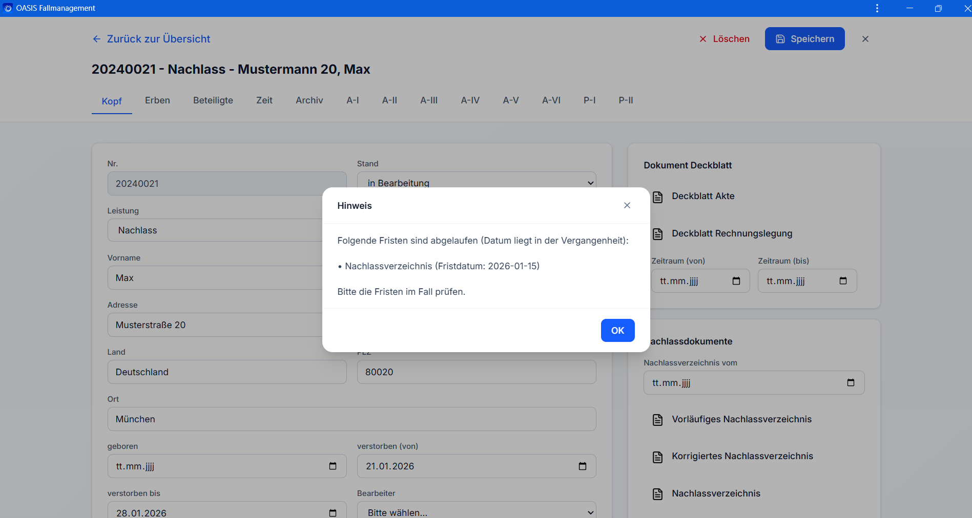 OASIS Hinweis-Modal – Fristwarnung